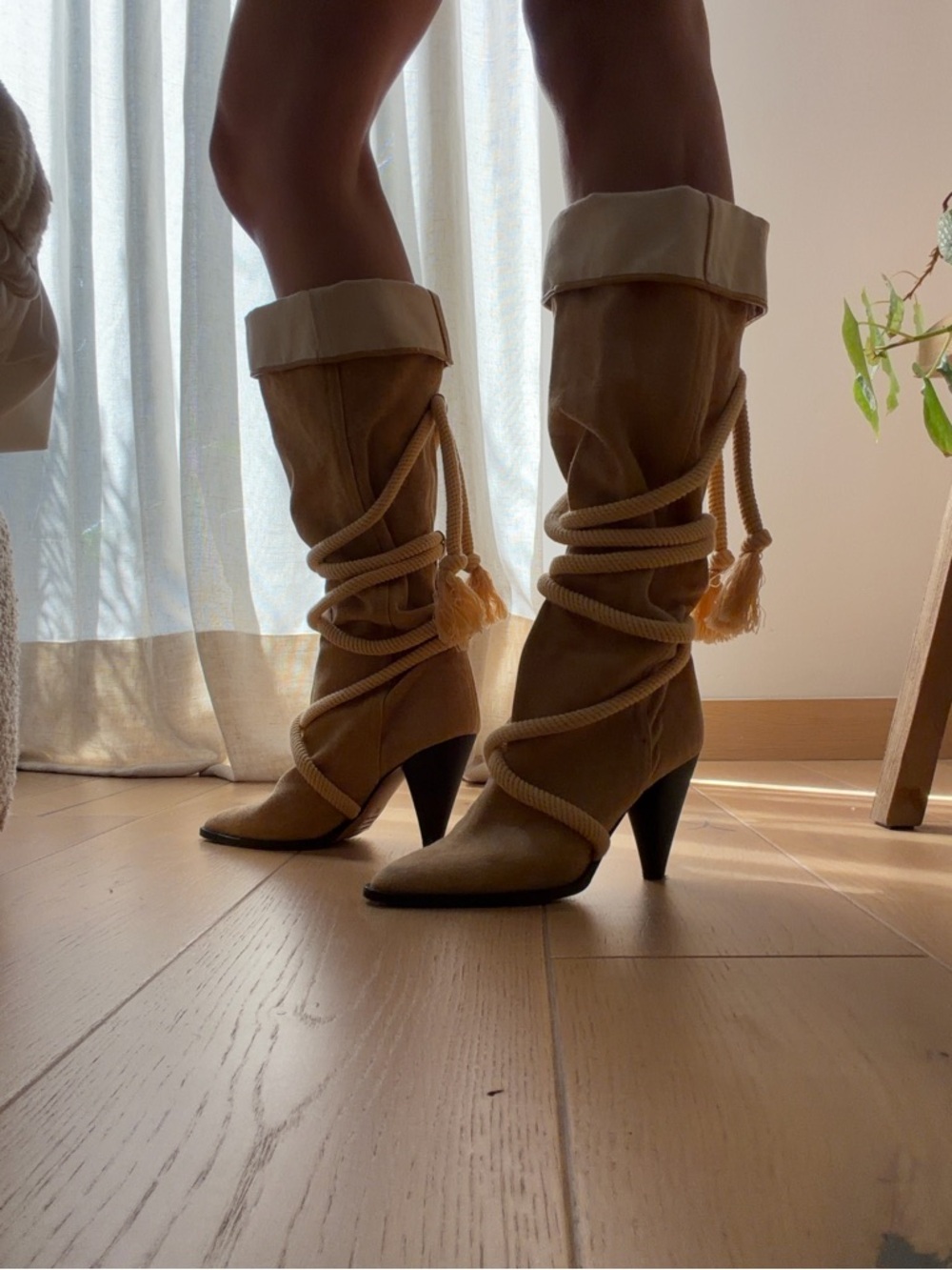 Isabel Marant Lophie Tan Suede Mid-Calf Heeled Boots with Tassel Wrap